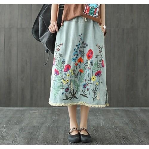 Women Loose Casual Elastic Waist Denim Skirts Ladies Embroidery Floral Cute Skirt Female 2020 Spring Embroidered Flower Skirts