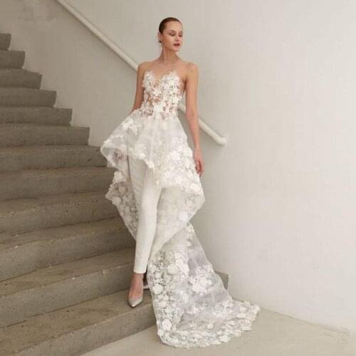 Sexy High Low Boho Jumpsuit Wedding Dresses 2021 Sheer Neck 3D Floral Lace Appliques Beach Bridal Gowns Pant Suits Bride Dress