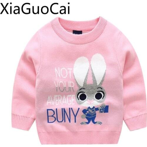 Baby Girl Winter Clothes Childrens Clothing Rabbit Cartoon Sweater Long Sweater Round Neck Pink Cotton Girls Pullover Sweater