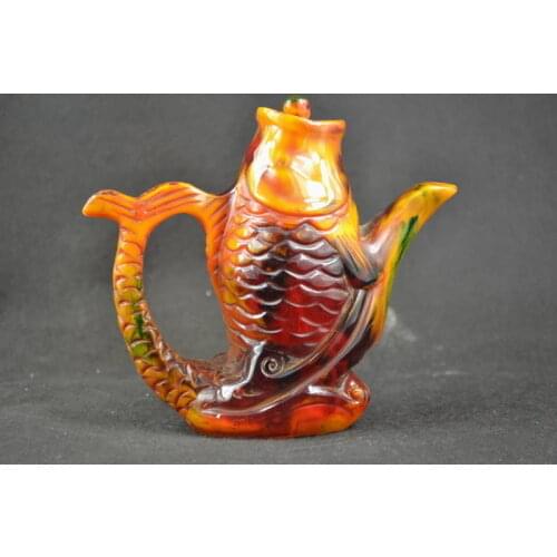 15 cm * / Rare decorative amber carving year after year have fish carp teapot