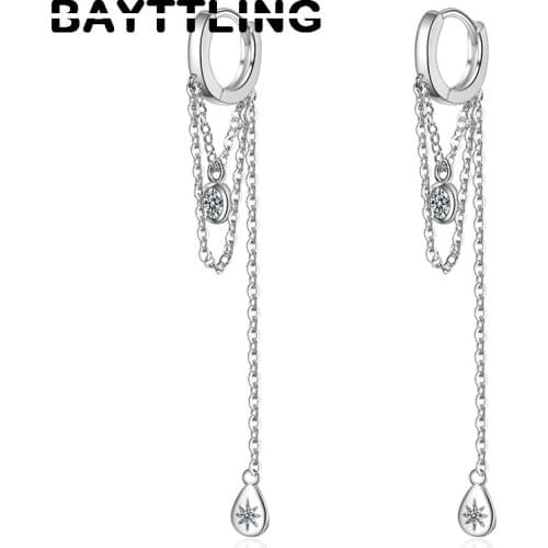 BAYTTLING 925 Sterling Silver 70MM Tassel Water Drop Round Zircon Pendant Earrings For Woman Wedding Jewelry Party Couple Gift