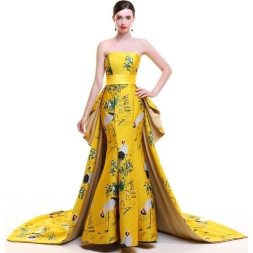 Strapless Trailing Evening Gown Party Dresses Chinese Traditional Wedding Dress Yellow Stain Long Cheongsam Modern Qipao Sexy
