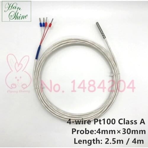 PT100 Grade A Temperature Sensor 4mm * 30mm Waterproof Thermal Detector Shielded PTFE 4 Wire 2.5m 4m High Accuracy