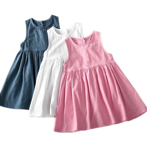 Baby Girl Pure Color Princess Children 2021 Summer White Sleeveless Long Casual Ins Dress European American Style Girl Clothes