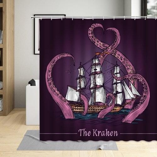 Sailboat Shower Curtain Creative Octopus Sea Waves Oil Painting Ocean Scenery Bathroom Decor Polyester Cloth Hanging Curtain Set