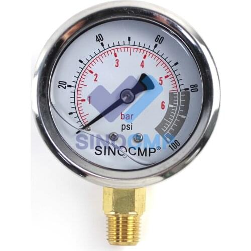 Hydraulic Pressure Gauge 0.6Mpa/0-6Bar/0-100PSI Economical Multi Purpose Double Scale Stainless Steel Glycerin Filled Gauge