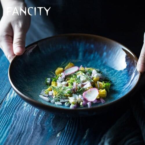 FANCITY Retro dark green bird pattern, old creative underglaze color deep dish, fruit dish, salad dish, easy to use deep dish