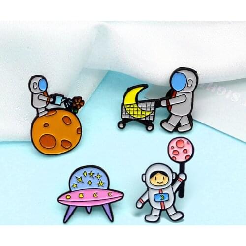 Space Astronauts UFO Enamel Pins Astronauts Spacecraft Planet moon Brooches Bag Lapel Cosmic Space Badge for kids Jewelry Gift