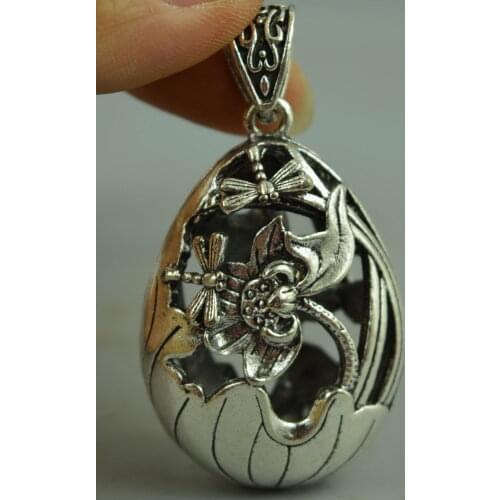 Fine Collectible Tibet Silver Copper Carved Lifelike Dragonfly Lotus Pendant Statue