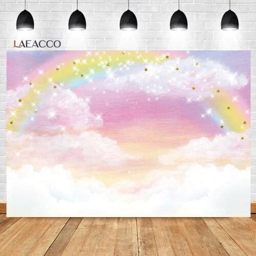 Laeacco Baby Birthday Pink Background Colorful Rainbow Sparkling Stars Child Poster Portrait Customized Photographic Backdrops