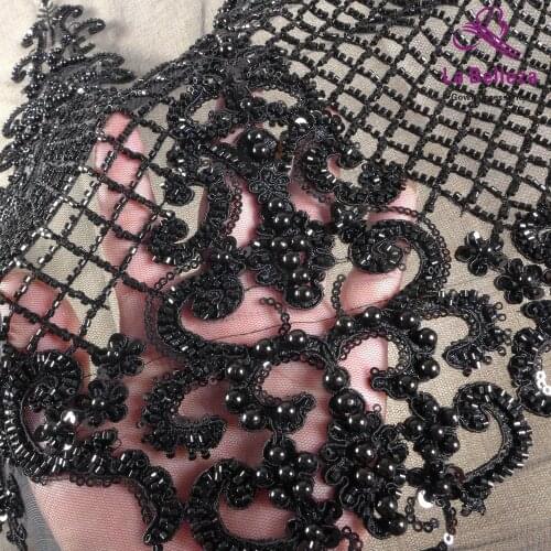 Hot selling Black heavy beading lace fabric,gold pearls beads lace,gown lace fabric, 1 yard