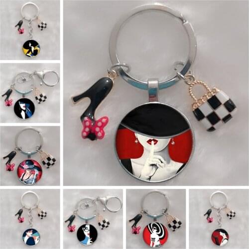 Fashion woman hat girly pattern round photo glass cabochon keychain, high heels, bag keychain