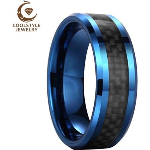 8MM Blue Tungsten Carbide Ring Mens Wedding Band GENTLEMAN Ring With Black Carbon Fiber Inlay Comfort Fit