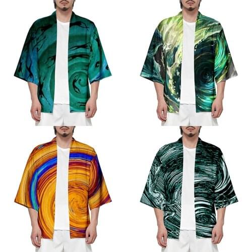 Three-dimensional Vortex Costume 3d Print Kimono Shirt Men Seven Point Sleeve Tops Daily Casual Cool Cardigan Jackets Streetwear