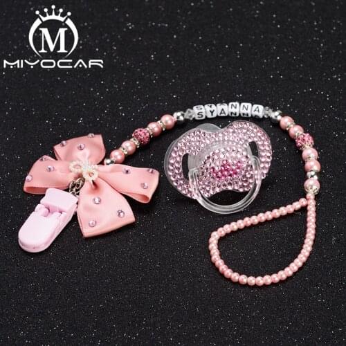 MIYOCAR any name princess bling rhinestone pacifier clip dummy clip bling crown Pacifier/ Nipples /Dummy pacifier clip set