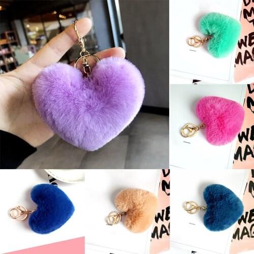 Heart Shape Pompom Faux Rabbit Fur Ball KeyRing Car Handbag Fluffy Fur Pompom Keychain Soft Solid Color Gift Accessories