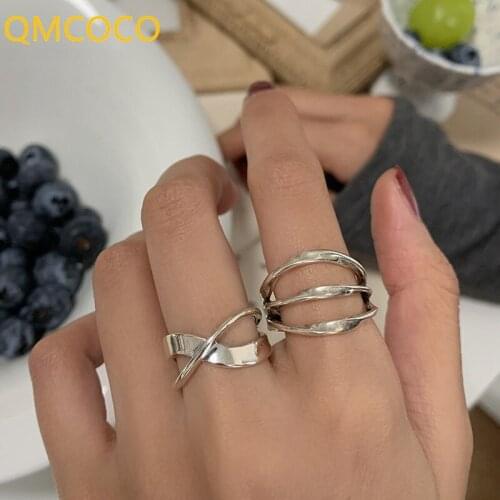 QMCOCO 925 Silver Finger Rings For Women Creative Simple Cross Twist Woman Birthday Party Jewelry Adjustable Gifts