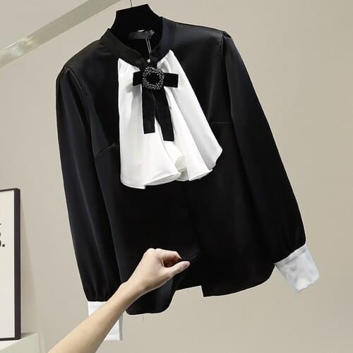 Ruffled Bow Satin Shirt Women High-End Fashion Loose Female Long Sleeve Stand Collar Blouses Ladies Tops White Black