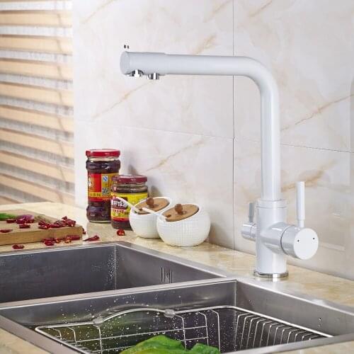 Dual Handles One Hole Solid Brass Kitchen Faucet Mixer Tap Deck Mounted White Painting