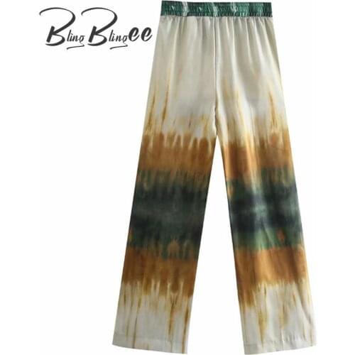 BlingBlingee Green Tie Dye Loose Beach Pants Summer Fashion Elastic High Waist Women Long Trousers Female Thin Style Casual