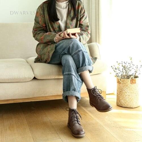 Flat Shoes For Women Leather Ankle Boots Handmade Lace-Up Round Toe Black/Grey Designer 2021 Spring Shoes for Daily Wear