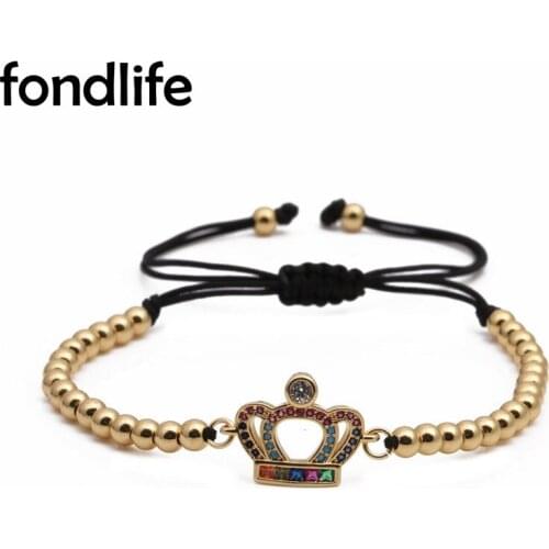 AAA Multicolor Cubic Zirconia Stones Gold-plated Brass Crown Charm Bracelet Women 2021 New Fashion 4mm Copper Beads Jewelry Gift