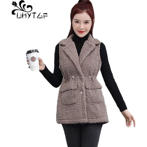UHYTGF Lambswool Autumn Winter Vests For Women Lapel Sleeveless Jacket Casual Warm Waistcoat Elegant Student Plus Size Coat 1921