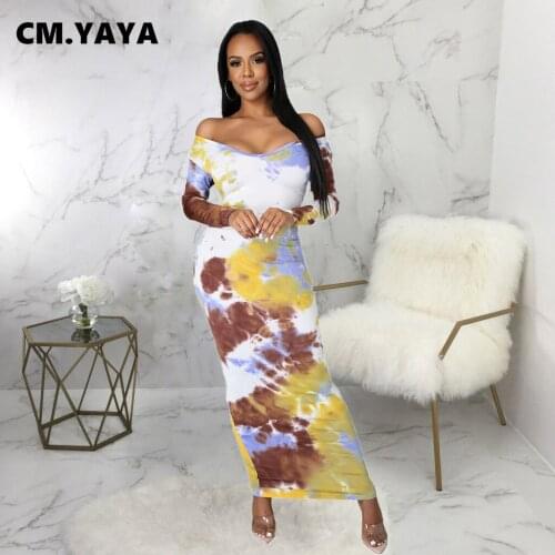 CM.YAYA Women Long Dress Print Off Shoulder Full Sleeve Stretchy Bodycon Maxi Dresses Vintage Fashion Vestidos Summer Outfits