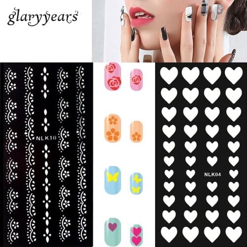 1pc Women Manicure 8 Design Airbrush Glitter Stamping Nail Art Template Flower Heart Butterfly Pattern Nail Sticker Stencil Tool