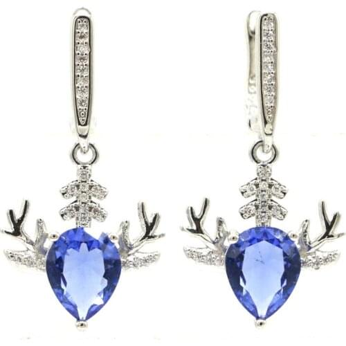 36x18mm SheCrown Antlers Women Iolite Paris Blue Topaz White CZ Ladies Daily Wear 925 Sterling Silver Earrings