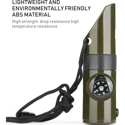 7 In 1 Outdoor Emergency Survival Whistle Hiking Camping Compass Flashlight Mirror With Storage Sealed