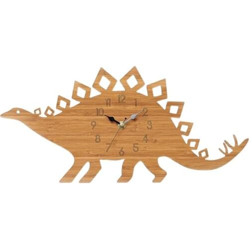 Bamboo Wood Mute Cute 3D Cartoon Dinosaur Wall Clock Home Nursery Children Kids Room Decoration Photo Props 449E