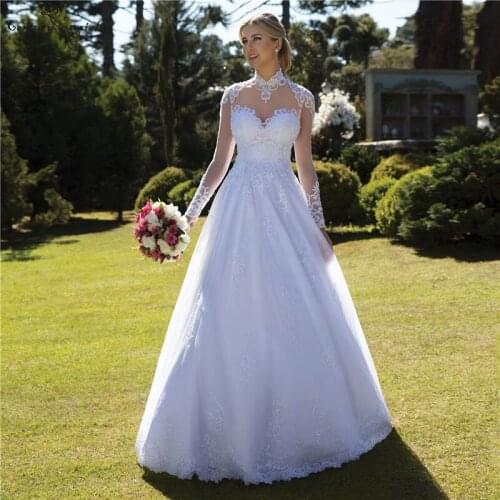 White Muslim Wedding Dresses for Women 2021 Lace Appliques Beaded Luxury Princess Bride Dress Bridal Gowns Robe De Mariee