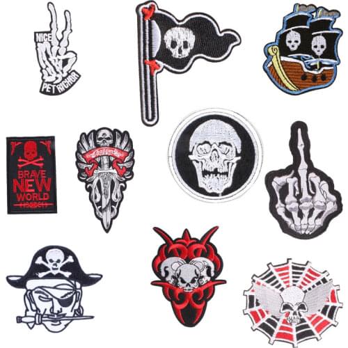 Punk Skull Embroidered Patches on Heat Transfer Patch Appliques DIY Finger Patch Clothes Badges Stickers for Backpack Printed