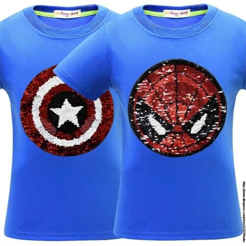 Disney SpiderMan Captain America Sequin Summer Children T Shirt Cool Boys T-shirt Cute Anime Girls Tshirt Graphic Kids Tops