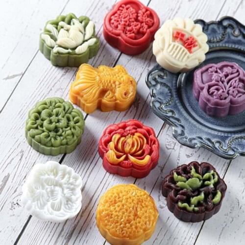DIY Bakeware Plastic Mooncake Mold 50g Cookie Cutter with 6 Flower Stamps Hand Press Chocolate Moon Cake Mould