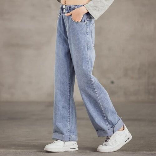 Spring Summer Girls Jeans Cotton Wide Leg Pants Loose Straight Side Cut Jeans Loose Denim Long Trousers Fashion Children Clothes