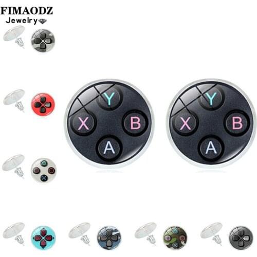 FIMAODZ Video Game Controller Stud Earrings Console Gamepad Glass Picture Silver Earrings Fashion Jewelry