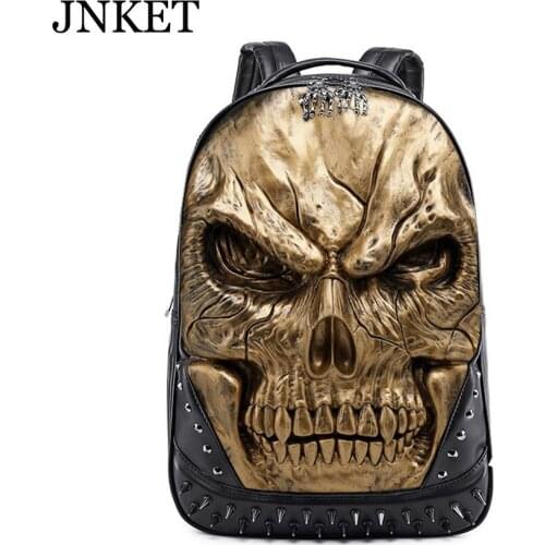 JNKET New Men Punk Rivet Backpacks PU Leater Skull Backpack Laptop Bagpack Large Capacity Waterproof Backpacks