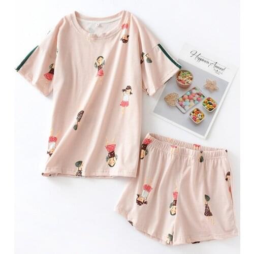 JULYS SONG Casual Cotton Womens Pajamas Sets Short Sleeve Nightwear Girls Shorts Crew Neck Cartoon Printed Sleepwear Pajamas
