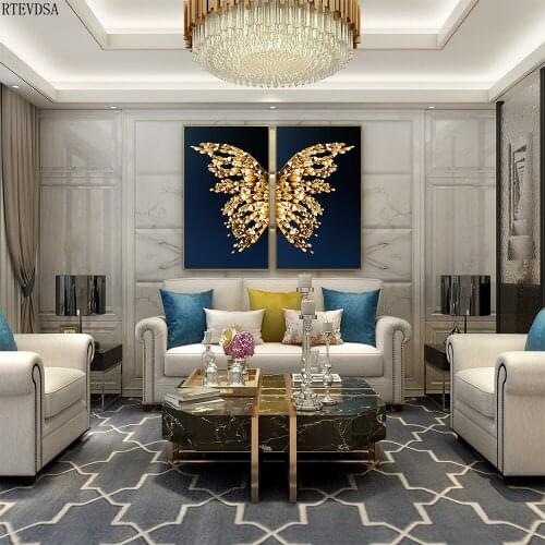 Nordic golden oil painting, golden butterfly image on the wall, modern style poster, living room bedroom wall decoration