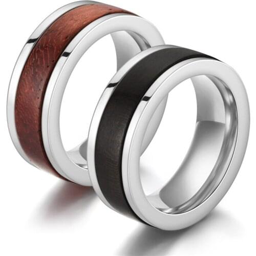 Titanium steel inlaid rosewood ring Wood grain mens ring solid wood ebony rotatable decompression ring