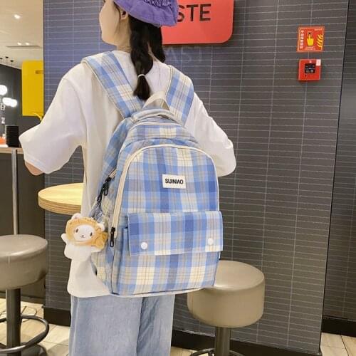 2021 Korean Fashion Womens School Bag Cotton Fabric Plaid Backpack Large-capacity Outdoor Travel Backpacks