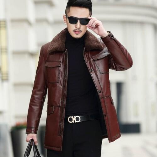 Real Leather Jacket Men Cow Leather Jacket Lamb Fur Collar Duck Down Winter Coat Mens Leather Jacket Casaco MA7211NR90 YY1143