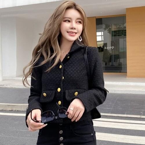 Single Breasted Golden Buttons Black Tweed Jackets Coats Women Long Sleeve Cropped Outwear Woolen Turn Down Collar Office B517
