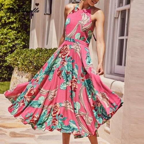 Summer Sleeveless Strap Boho Dress Women Sexy Beach Sundress Floral Print Backless Party Holiday O neck Long Dresses NZ3575