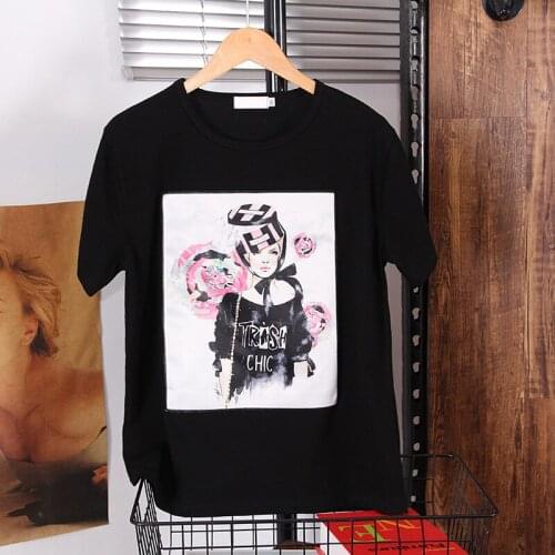 2020 Summer black New Loose Plus Size Round Neck Appliques printing tee Women Short Sleeve Wild Top Street-style casual T-shirt