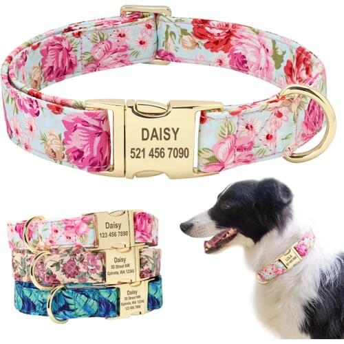 Personalized Floral Dog Collar Custom Small Medium Dog Pet ID Collar Flower Print Nylon Large Dog Engraved Collars for Pitbull
