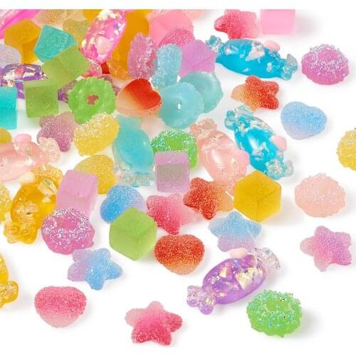Pandahall 100pcs/Set Mixed Color Resin Cabochons Heart Candy Donut Star Cube Shape for Jewelry DIY Accessories Cute Decorations