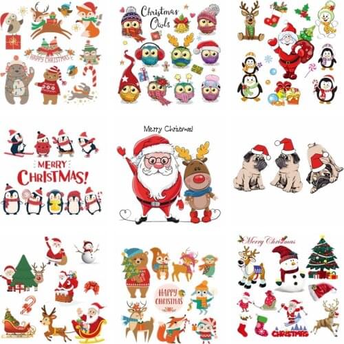 Christmas Cartoon Animals Patches On Clothes Dog Thermo Stickers For Clothing Christmas Tree Deer Applique Santa Claus Decor DIY